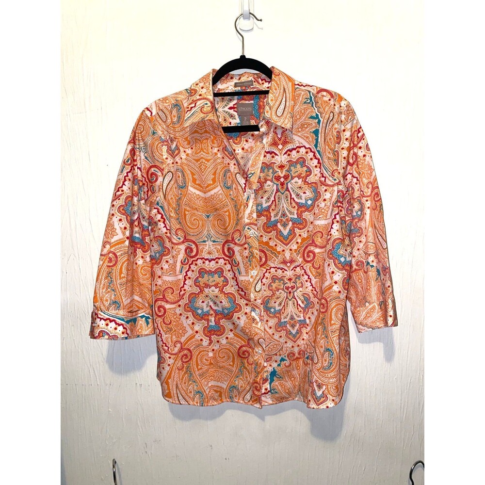 Chico's No Iron Orange Paisley 3/4 Sleeve Button Up Shirt 2 (12) Size Large